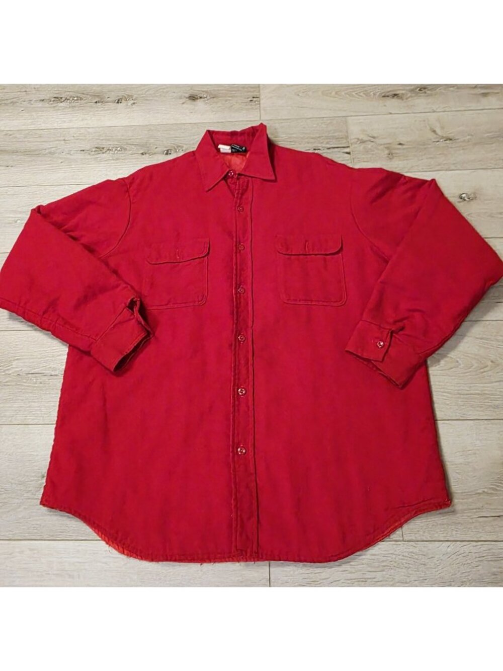 Vtg 70's Red Cotton Tall XL Quilted Flannel Workwear Grunge Streetwear Button Up